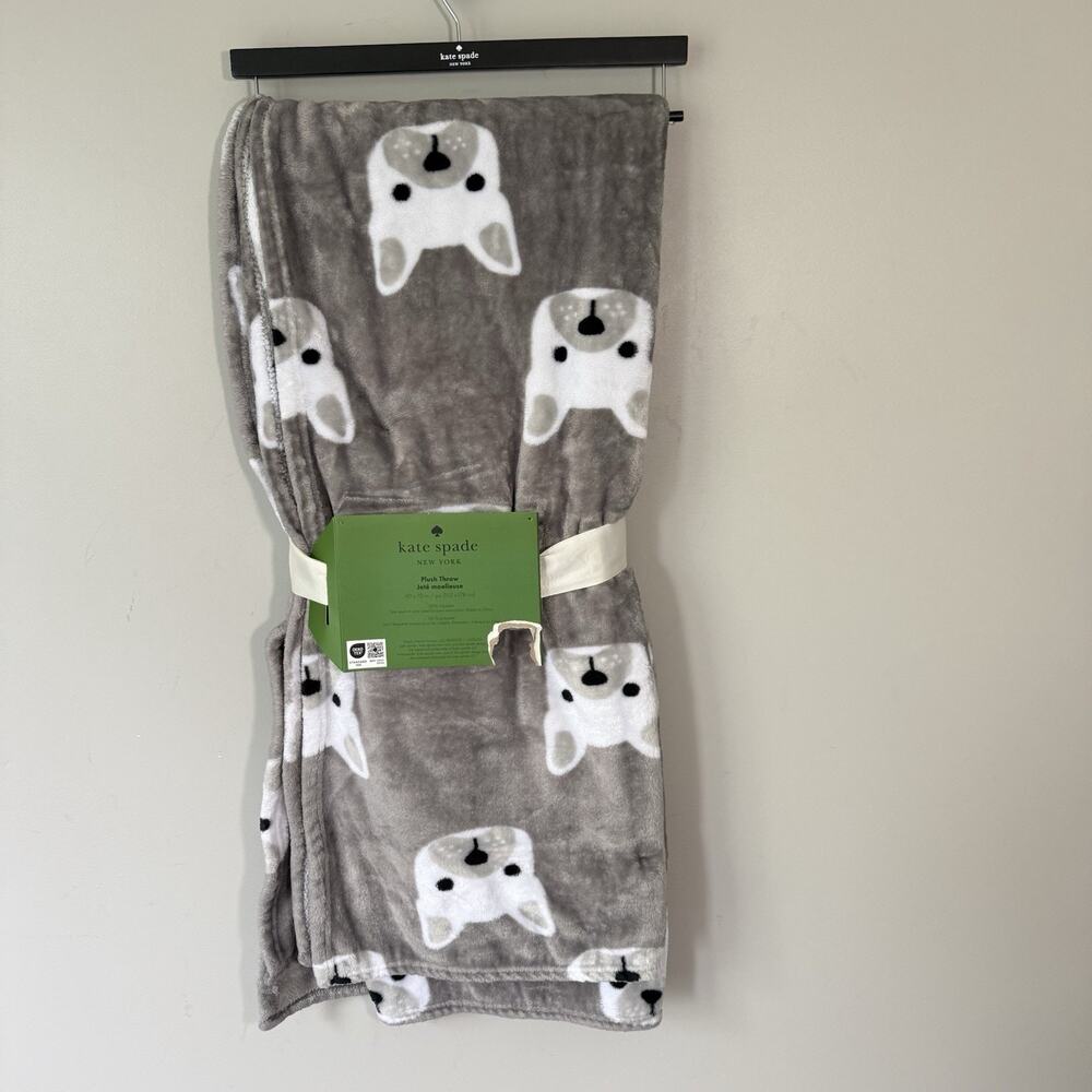 Kate Spade Plush Fleece Throw Blanket Gray French Bulldog Prints 60” X 70” New - Picture 4 of 6
